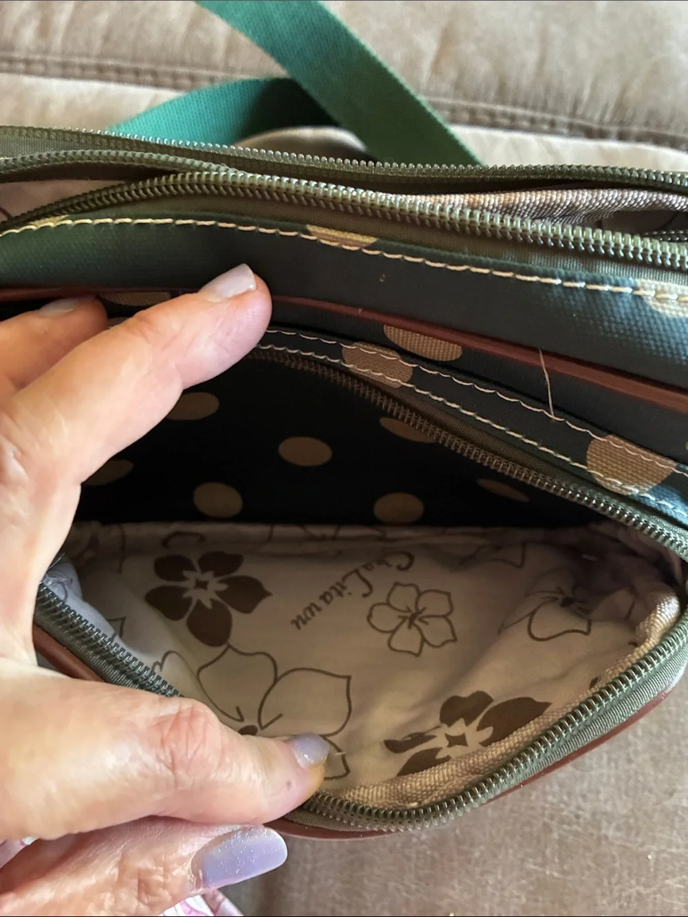 Cath Kidston Green Polka Dot Messenger Bag with Brown Trim